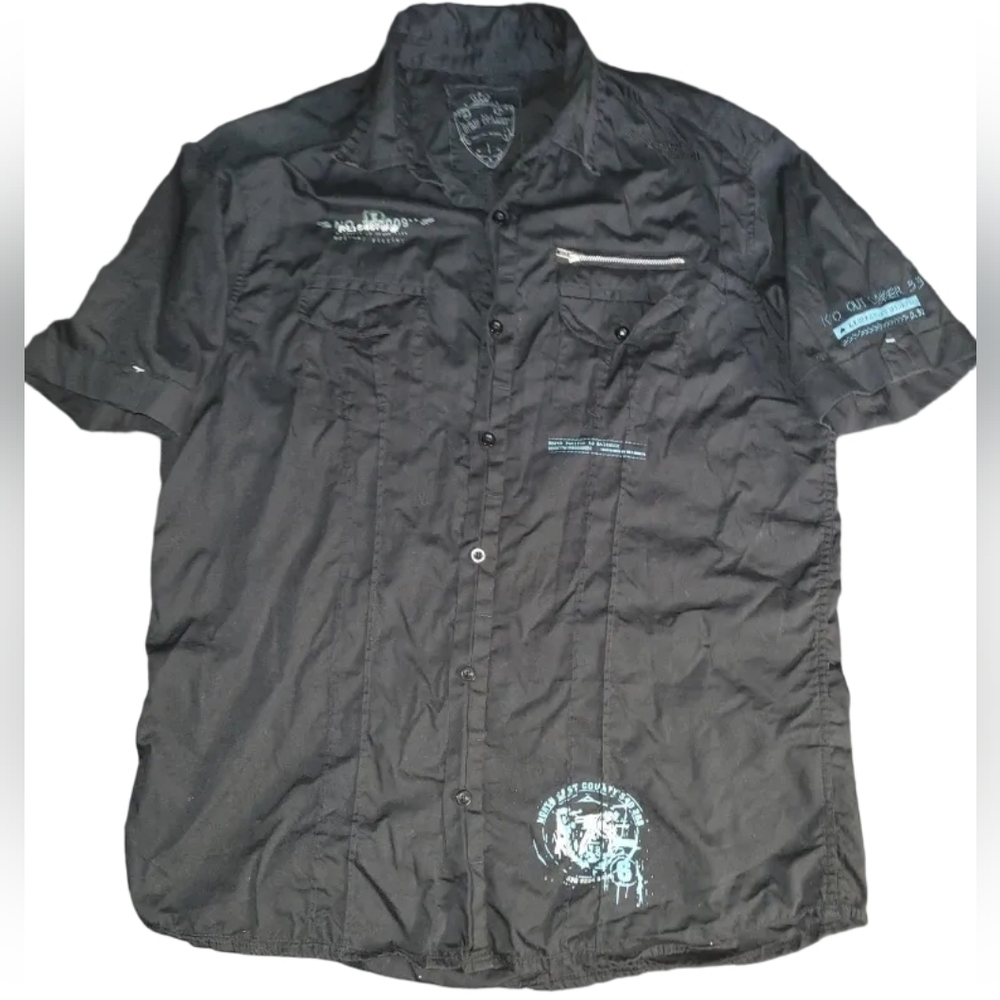 Urban Behavior Black Button-Up Shirt - Size L. Y2k Streetwear Club Back Graphic